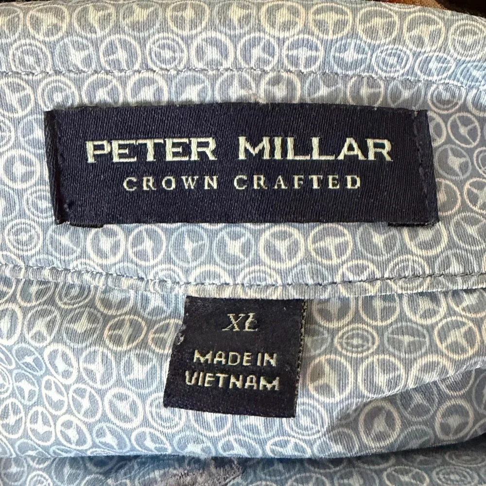 Peter Millar Avenue Performance Jersey Polo Shirt Mens XL Blue Wheel Print Golf